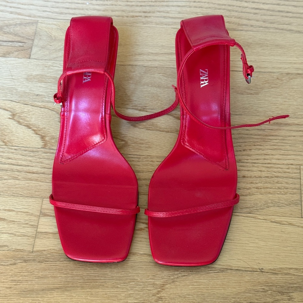Zara Red Square-Toe Strappy Sandals